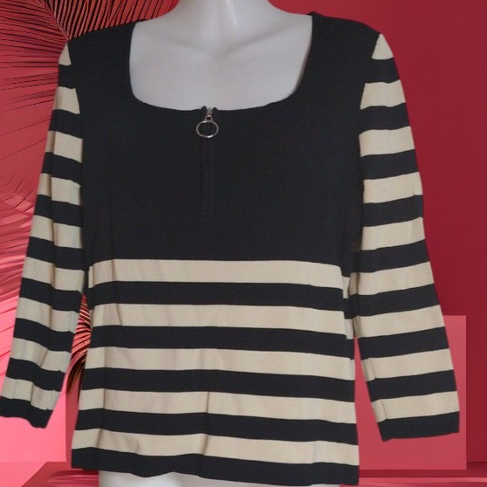 Cable & Gauge Size Large Black and Cream Striped Elbow Lenght Sleeve Top